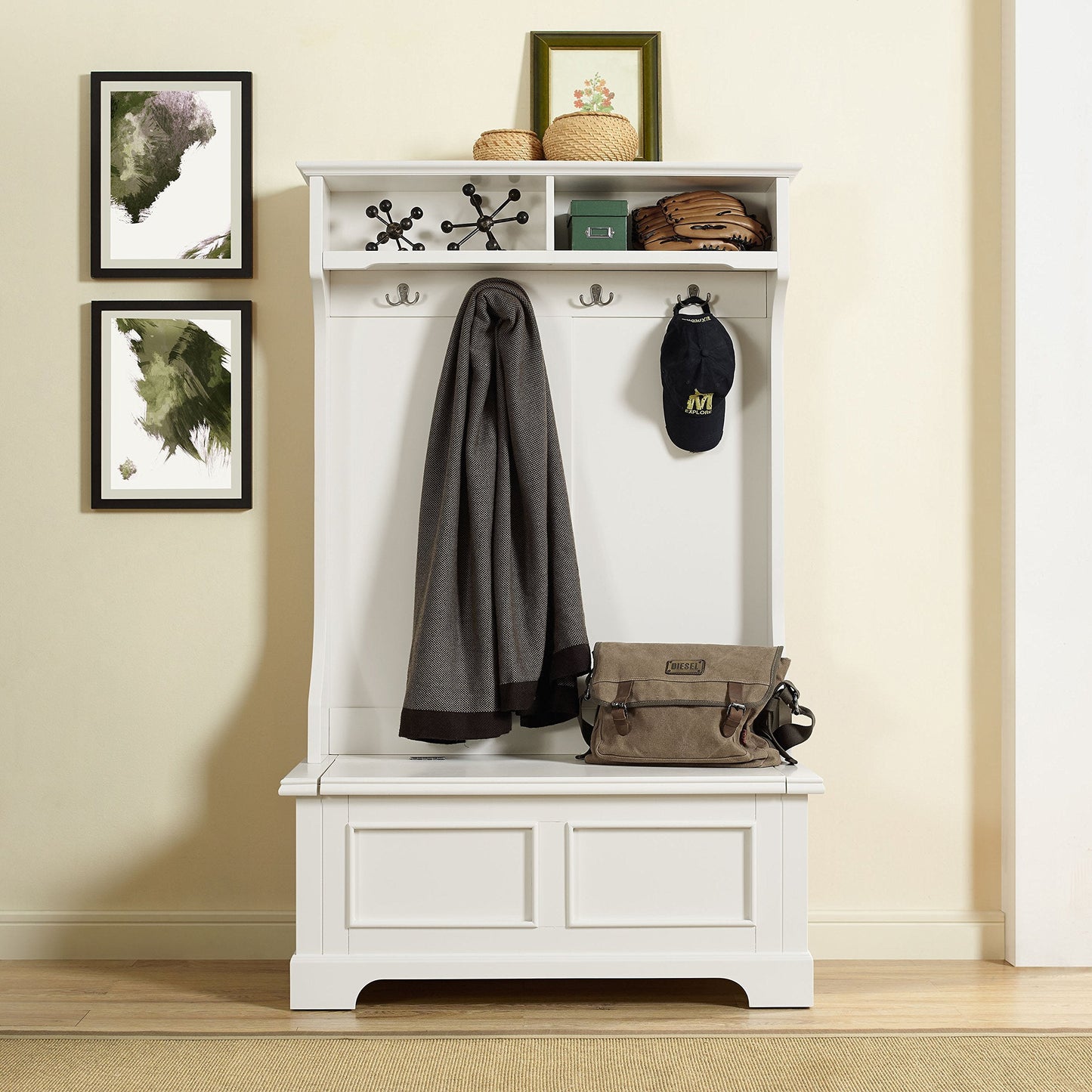 Crosley Furniture Campbell Hall Tree with Storage Bench and Coat Rack Hooks for Hanging, White