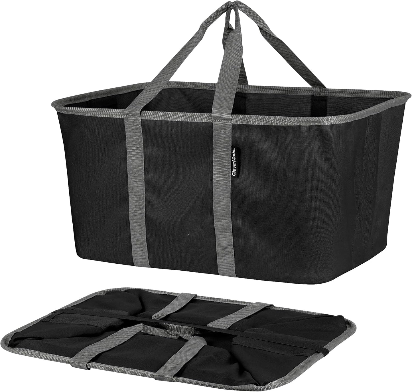 CleverMade Collapsible Laundry Tote, Midnight Black/Shadow Gray 2PK, 50L Collapsible Laundry Baskets with Long Carry
