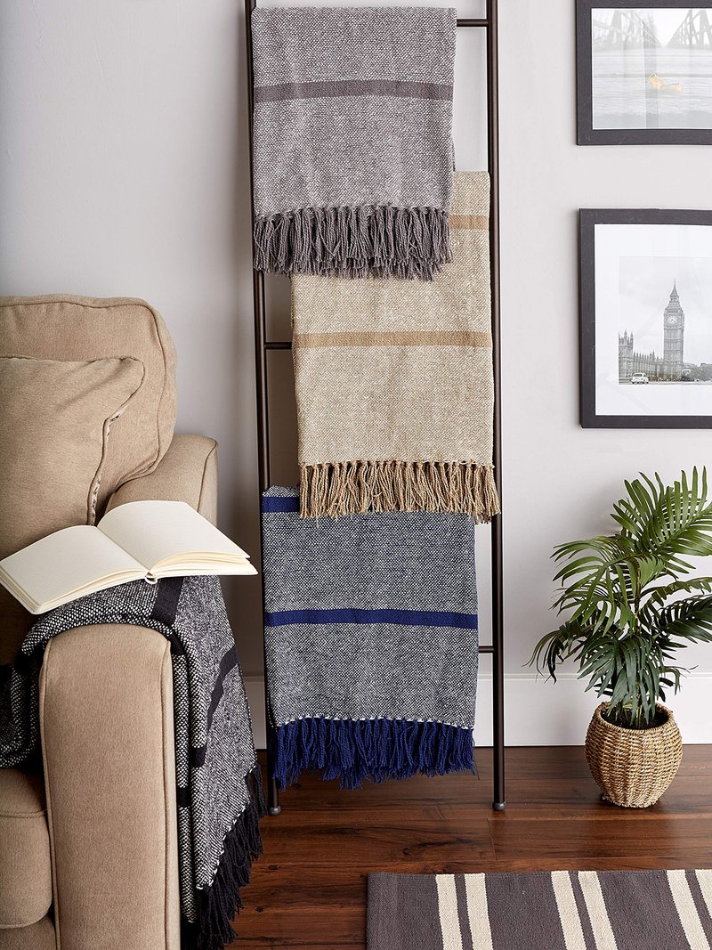 DII Navy Stripe Homespun Throw, 50x60 with 2.5" Fringe