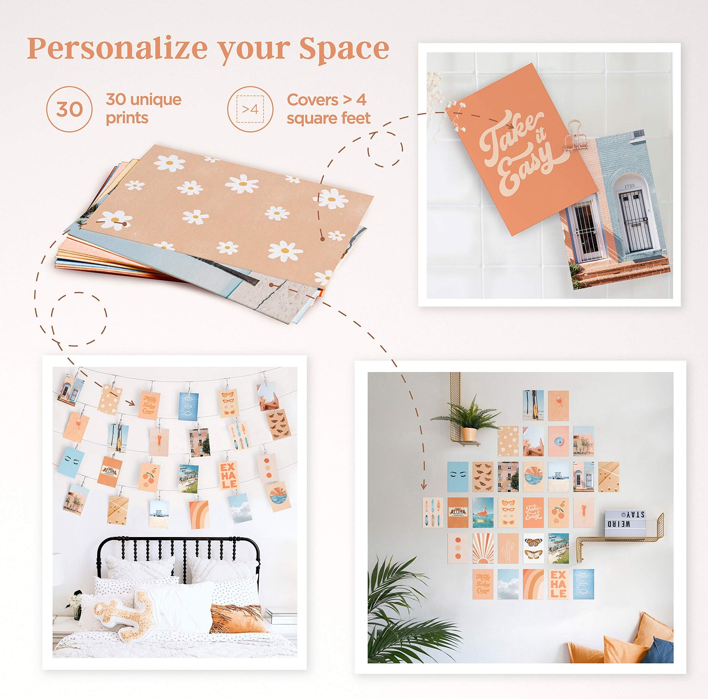 HAUS AND HUES Peach Photo Collage Kit - Aesthetic Wall Decor for Teen Girls (Set of 30)