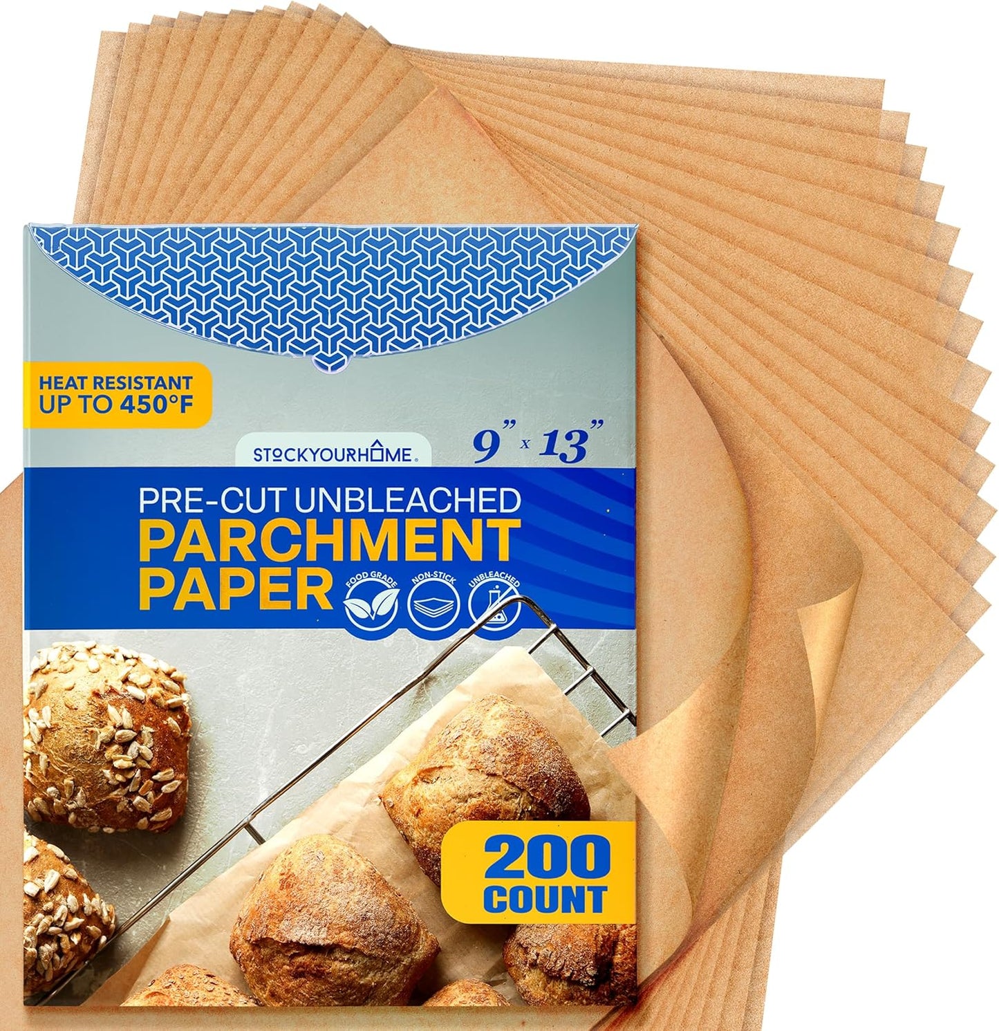 Stock Your Home Unbleached Parchment Paper Sheets - 200 Pre-Cut Baking Sheets (9x13”) for Cookies, Bread & Pizza