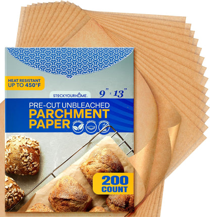 Stock Your Home Unbleached Parchment Paper Sheets - 200 Pre-Cut Baking Sheets (9x13”) for Cookies, Bread & Pizza