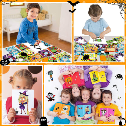 Moon Boat 70 Sheets Halloween Stickers Crafts for Kids, Make-a-Zombie/Pumpkin/Ghost/Monster/Skeleton/Spider/Vampire/Reaper/Witch/Mummy Face Activity Sticker Favors Bulk Party Supplies(Small Size)