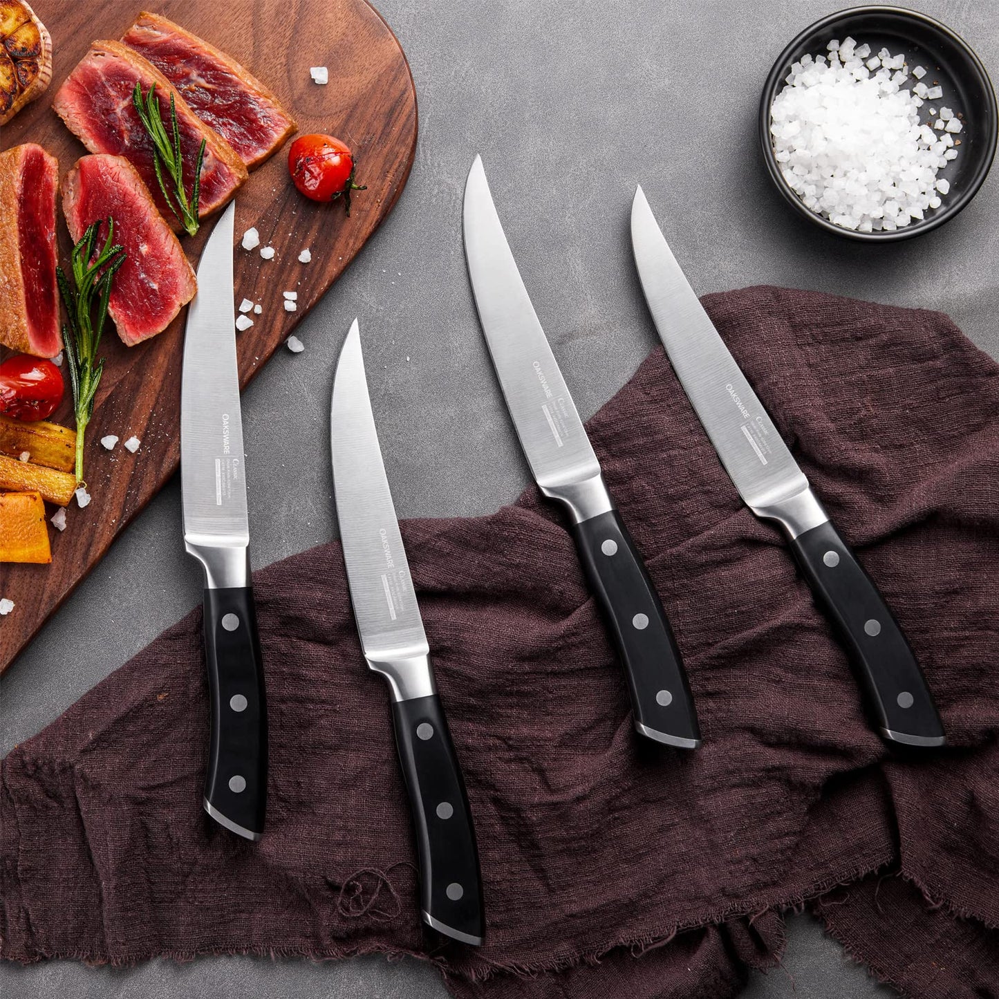 OAKSWARE Steak Knives, Non Serrated Steak Knife Set of 4, German Steel Steak Knife Set 5 Inch, 4 Pieces Professional Straight Edge Knives - Full Tang Ergonomic Handle