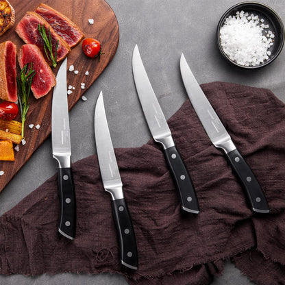 OAKSWARE Steak Knives, Non Serrated Steak Knife Set of 4, German Steel Steak Knife Set 5 Inch, 4 Pieces Professional Straight Edge Knives - Full Tang Ergonomic Handle
