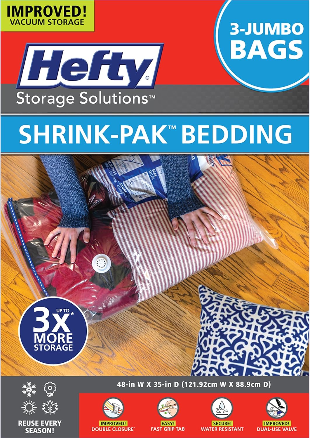 Hefty Shrink-Pak Vacuum Storage Bags, Space Saver for Under Bed, Clothing and Comforter Storage, 3 Jumbo Bags