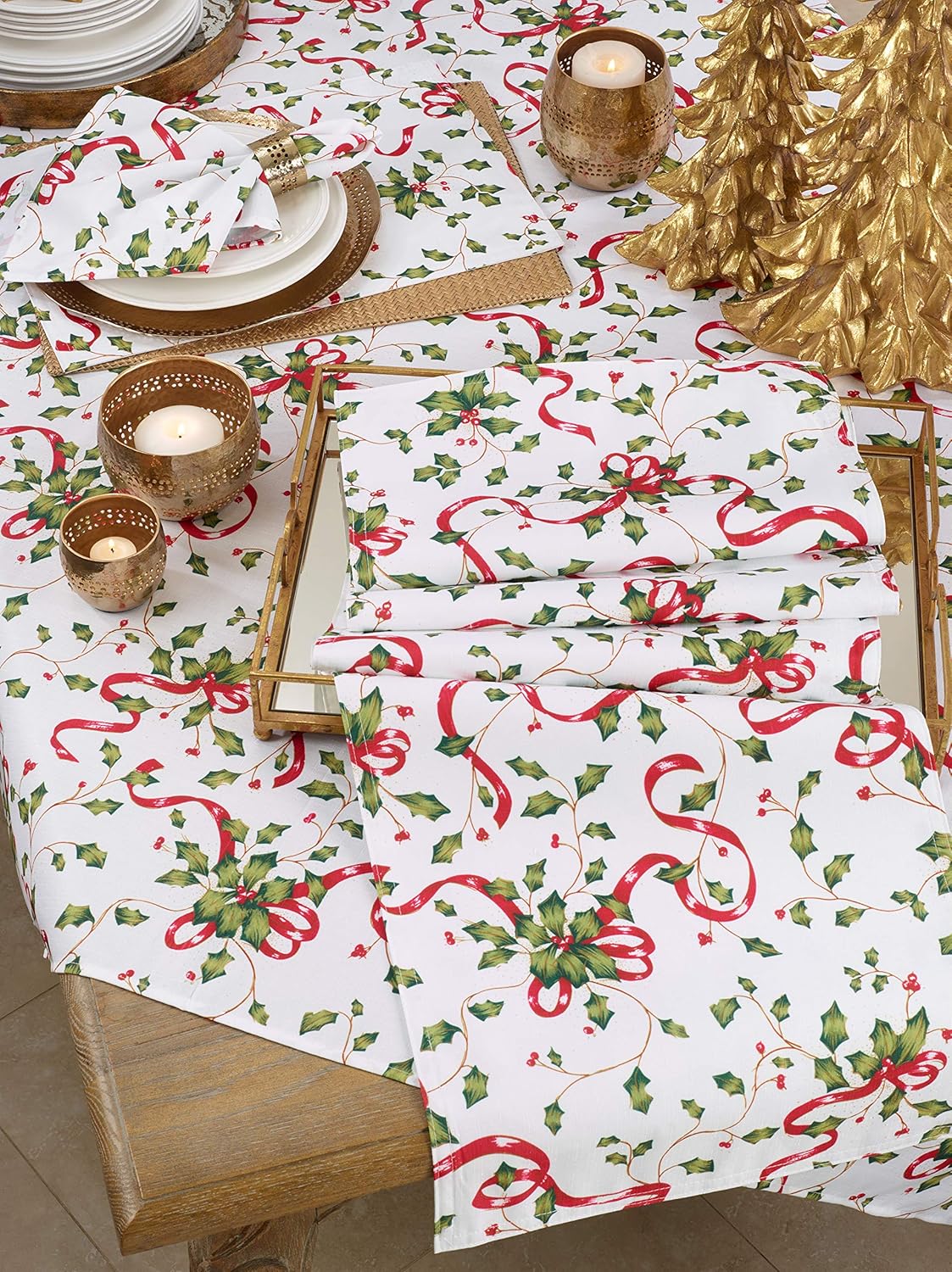 SARO LIFESTYLE Holiday Collection Table Runner, Holly and Ribbon Design, 16" x 72", Multi (3175.M1672B)