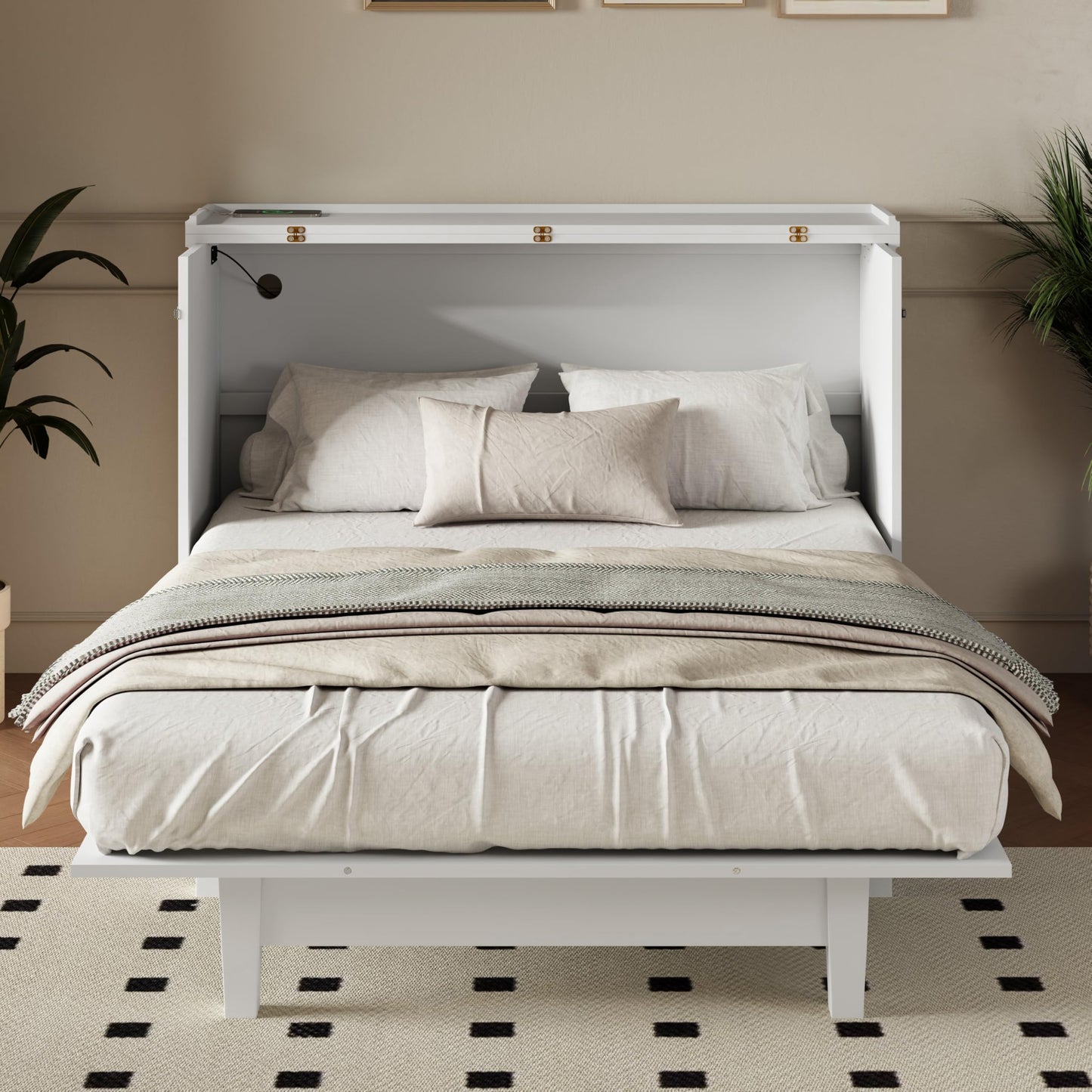 YOPTO Murphy Bed Cabinet Full Size with Charging Station and Large Storage Drawer,Pine Wood Folding Wall Bed Frame,Space Saving,Easy Assembly,Hidden Platform Bed for Home Office or Small Room,White