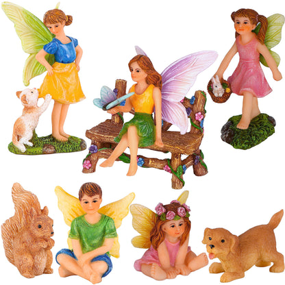Mood Lab Fairy Garden Figurines with Animals - Miniature Decorative Statues & Accessories Set (8 pcs) - Outdoor & Indoor Garden Decor