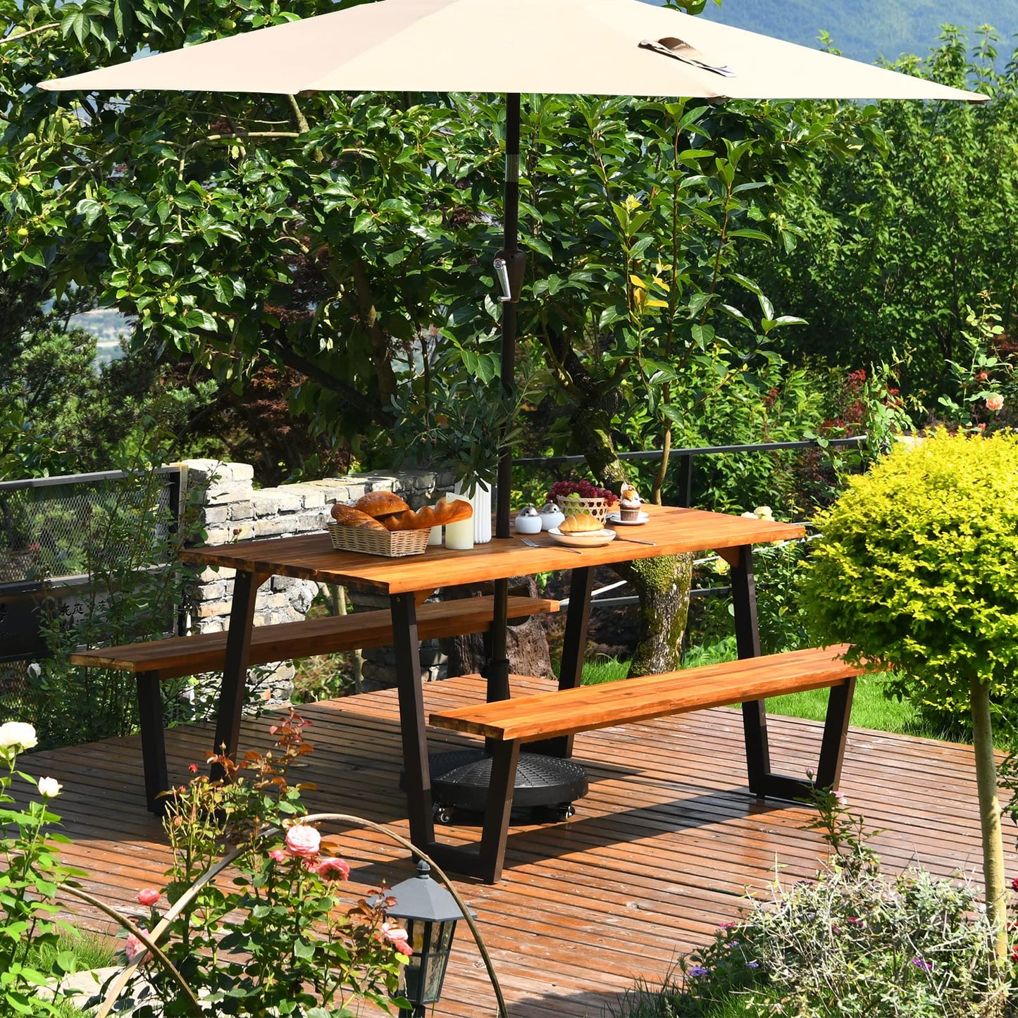 HOMGX Picnic Table, 6 Ft Dining Table with 2 Umbrella Hole, Table Bench Set with Heavy-Duty Metal Frame, Acacia Wood Picnic Table for Outdoor, 6-8 Person, Patio, Lawn, Party, Garden, Natural & Black