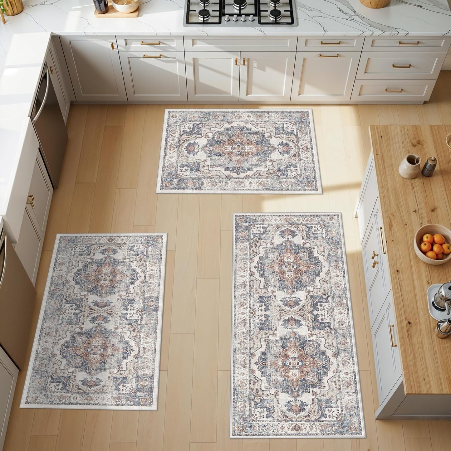 Skiennix Washable Kitchen Rug Set - Non-Slip, Soft & Stain Resistant Mats for Entryway | 3-Piece (2x3, 2x4, 2x5) in Brick