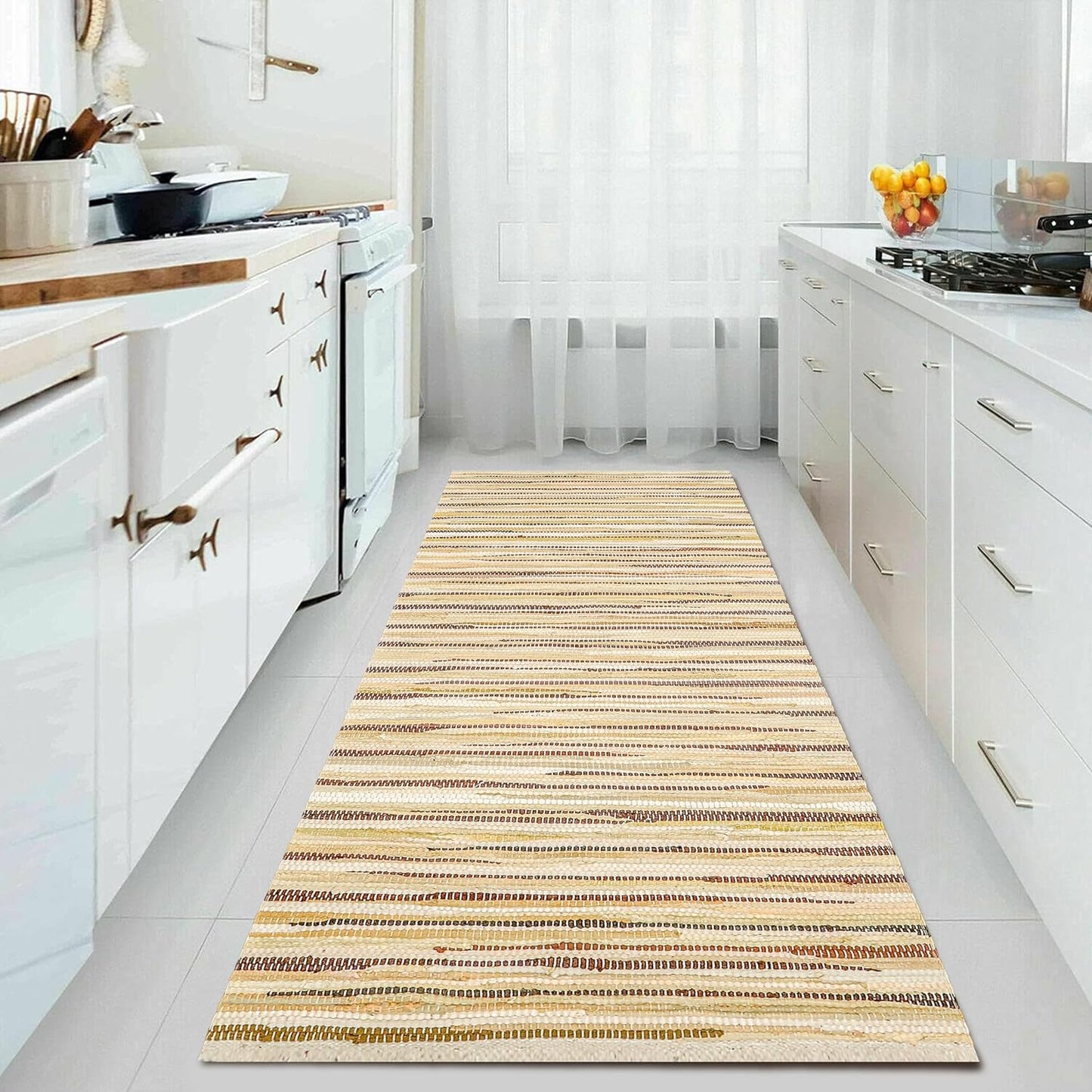 THE BEER VALLEY Cotton Rag Runner Rug, 2'x6' Beige Farmhouse Neutral Long Hallway Rugs for Kitchen Living Room