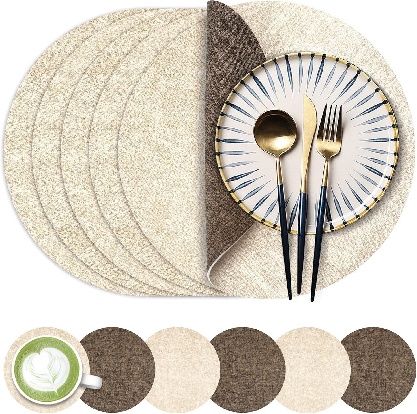 13-Inch Set 6, (6, Faux Leather Round Placemats of Waterproof Anti-Slip Dual Sided Place mats, Heat Resistant Washable