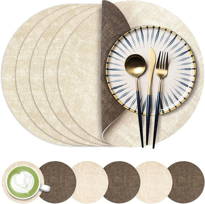 13-Inch Set 6, (6, Faux Leather Round Placemats of Waterproof Anti-Slip Dual Sided Place mats, Heat Resistant Washable