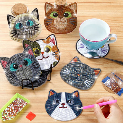 Insnug 10PCs Diamond Painting Coasters Set - Cat Theme Diamond Art Coasters Painting Kits for Kids Adult Dots, Arts and Crafts DIY Kits for Adults and Kids Gift for Valentine's Day