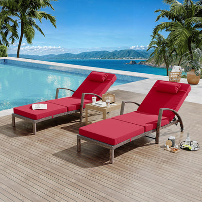 GarveeLife 2-Piece Rattan Patio Folding Chaise Lounge, 5-Position Adjustable Backrest Outdoor Lounge Chair with Cushion and Pillow for Poolside, Backyard, Deck, Porch, Red