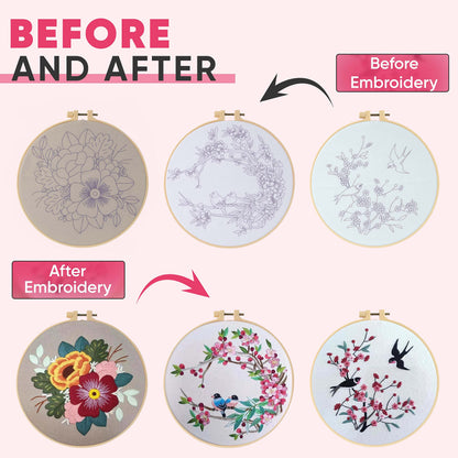 The ZenStore Birds & Flowers Embroidery Kit for Adults – Beginner DIY Hand Embroidery Set with Hoop, Stamped Fabric, Thread & Needles – Floral and Plant Pattern Sewing Craft Kit for Women & Teens