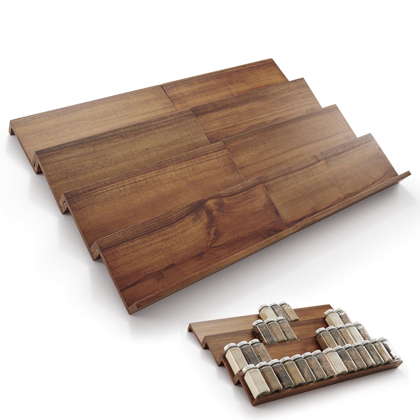 Tinamo Wood Spice Drawer Organizer - Acacia Wooden Tray Spice Racks Organizer for Cabinet Storage Shelf - 4 Tier Spice Rack for Drawer 32 Jars (Pack 4)