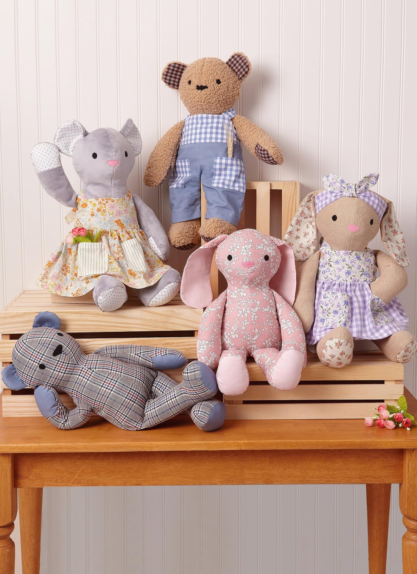 McCall's M8422OS Plush Bear, Bunny and Mouse with Clothes and Headband Sewing Pattern Kit, Design Code M8422, One Size Each