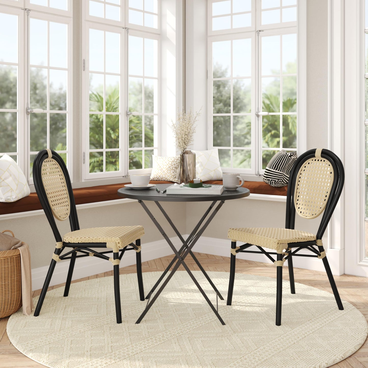 Flash Furniture Cannes Indoor/Outdoor Commercial Thonet Bistro Stack Chair - Natural PE Cane Rattan Back and Seat - Black Metal Frame - Set of 2