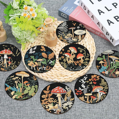 Ekuxom 8 Pcs Diamond Art Coasters Kit for Adults- Mushroom Forest Diamond Painting Coasters with Holder-DIY Crystal Full Drill Rhinestone for Crafts Gifts Adults Beginners