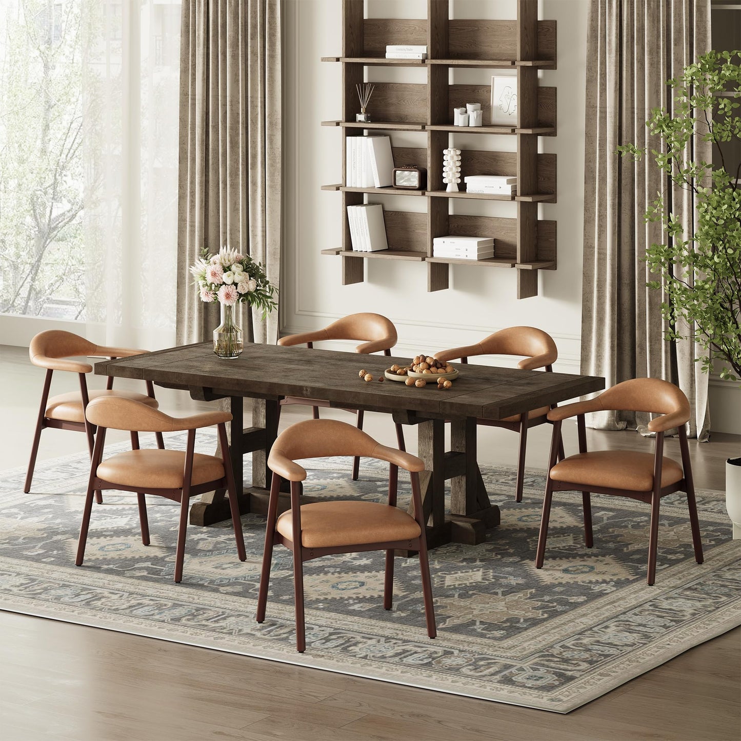 MALOL Leather Dining Chair with Armrest Set of 6, Upholstered Dining Room Chair with Curved Back and Wood Legs, Mid Century Modern Kitchen Chairs for Kitchen Dining Room