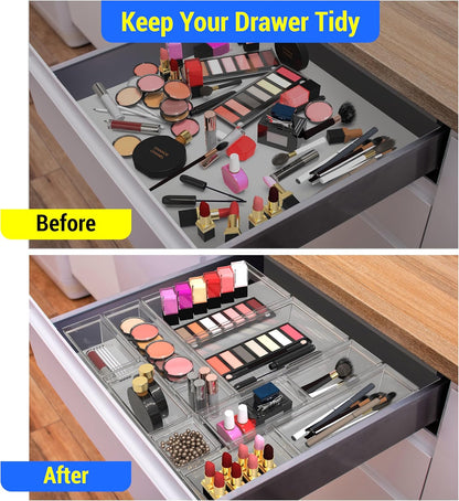 Yan & Hin Set of 25 Stackable Non-Slip Acrylic Organizers, 4 Sizes for Makeup Tray, Kitchen Drawer, Desk Drawer