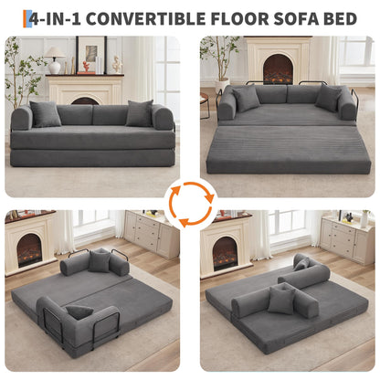 4 in 1 Convertible Sleeper Sofa Bed, 78.7" Boneless Corduroy Floor Couch with Pillows, Folding Futon Loveseat, Deep Seat Pull Out Sofa for Living Room, Apartment, Bedroom, No Assembly Required, Gray