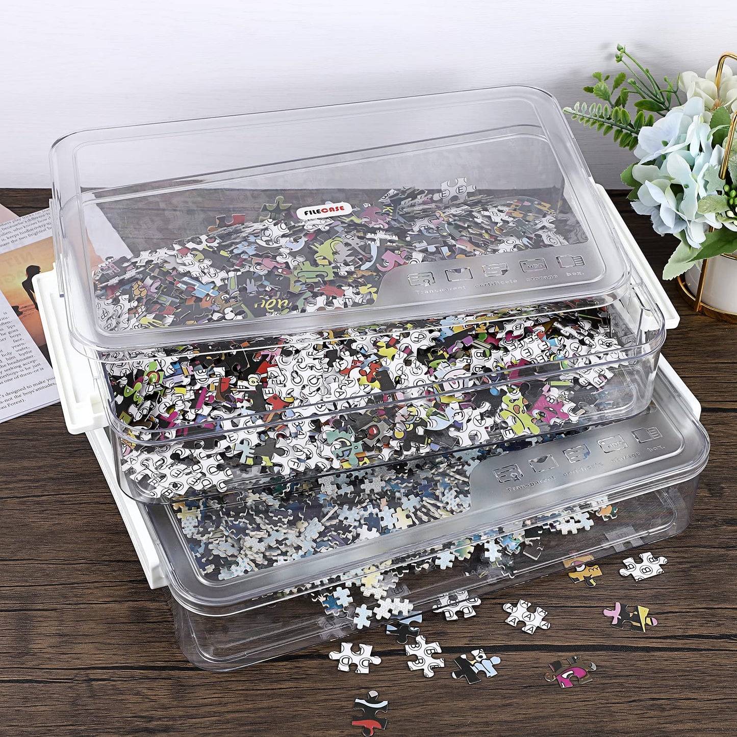 BTSKY 2 Pack Plastic Storage Containers with Lids, Portable Project Case Document Organizer Stackable Plastic File Storage Box for A4 File Paper Documents Scrapbook Art Supplies&Crafts(Big, White)