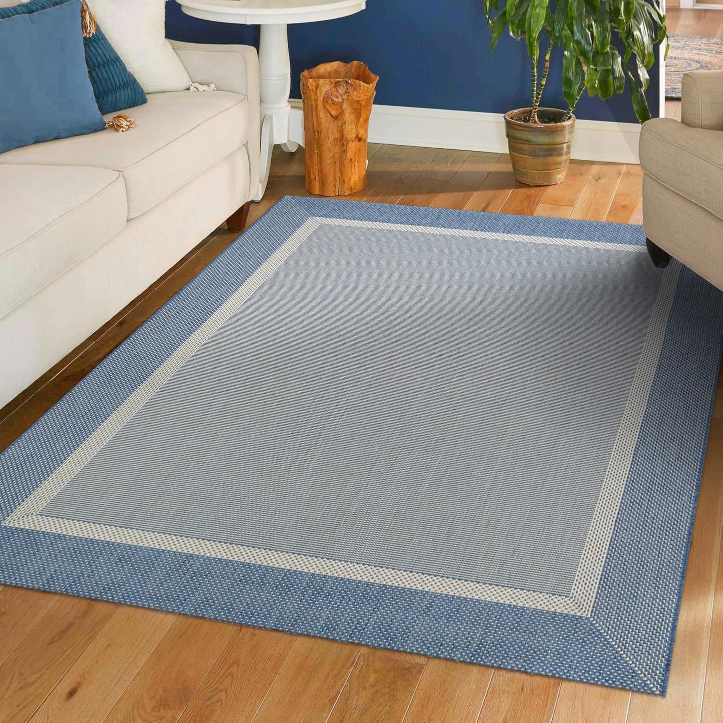 2' 3'7" Set, Couristan Recife Indoor Outdoor Rug - Stria Texture x Rectangle in Blue, Hose Washable, Low Pile, Pet- Kid