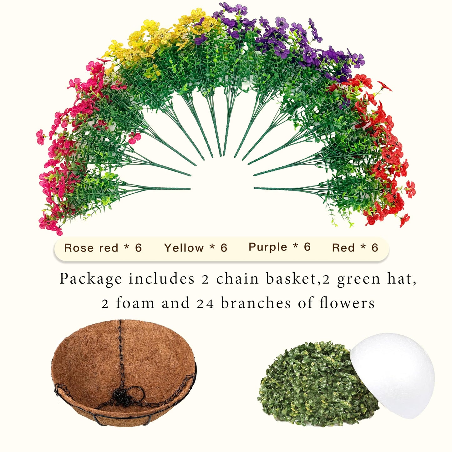 Senjie 2 Set Artificial Hanging Flowers with Basket for Outdoor Decor, UV Resistant 24 Bundles Faux Flowers Fake Hanging Planter for Porch Patio Balcony