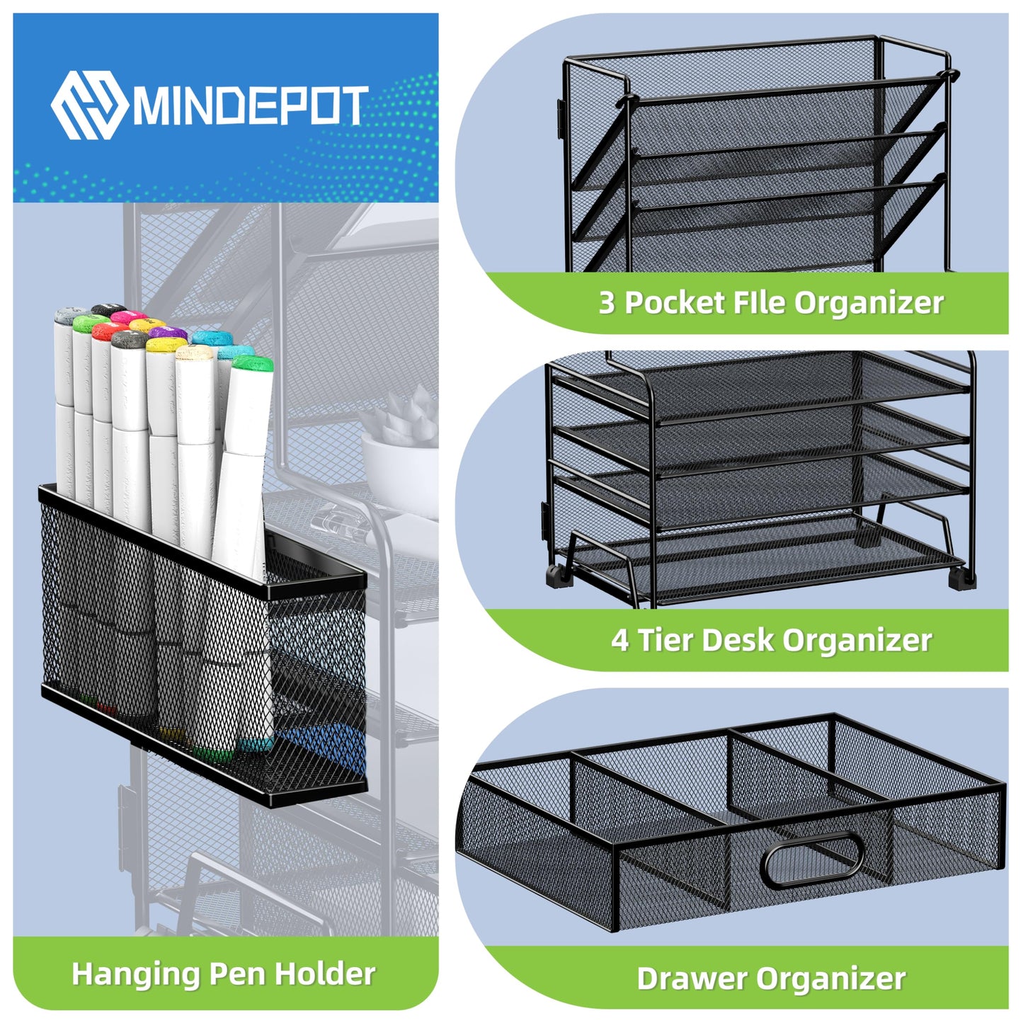 MINDEPOT 4-Tier Paper Organizer + 3-Pocket File Holder + Drawer + Pen Holders, Desktop File Organizers Paper Tray for Office Accessories School Classroom Organization (Black)