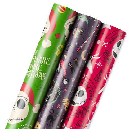 American Greetings Nightmare Before Christmas Christmas Wrapping Paper Rolls, Black and Red Holiday Gift Wrap (105 sq. ft., 3 Rolls-30 in. x 14 ft., Cut Lines) Jack Skellington, Oogie Boogie, Cosmo