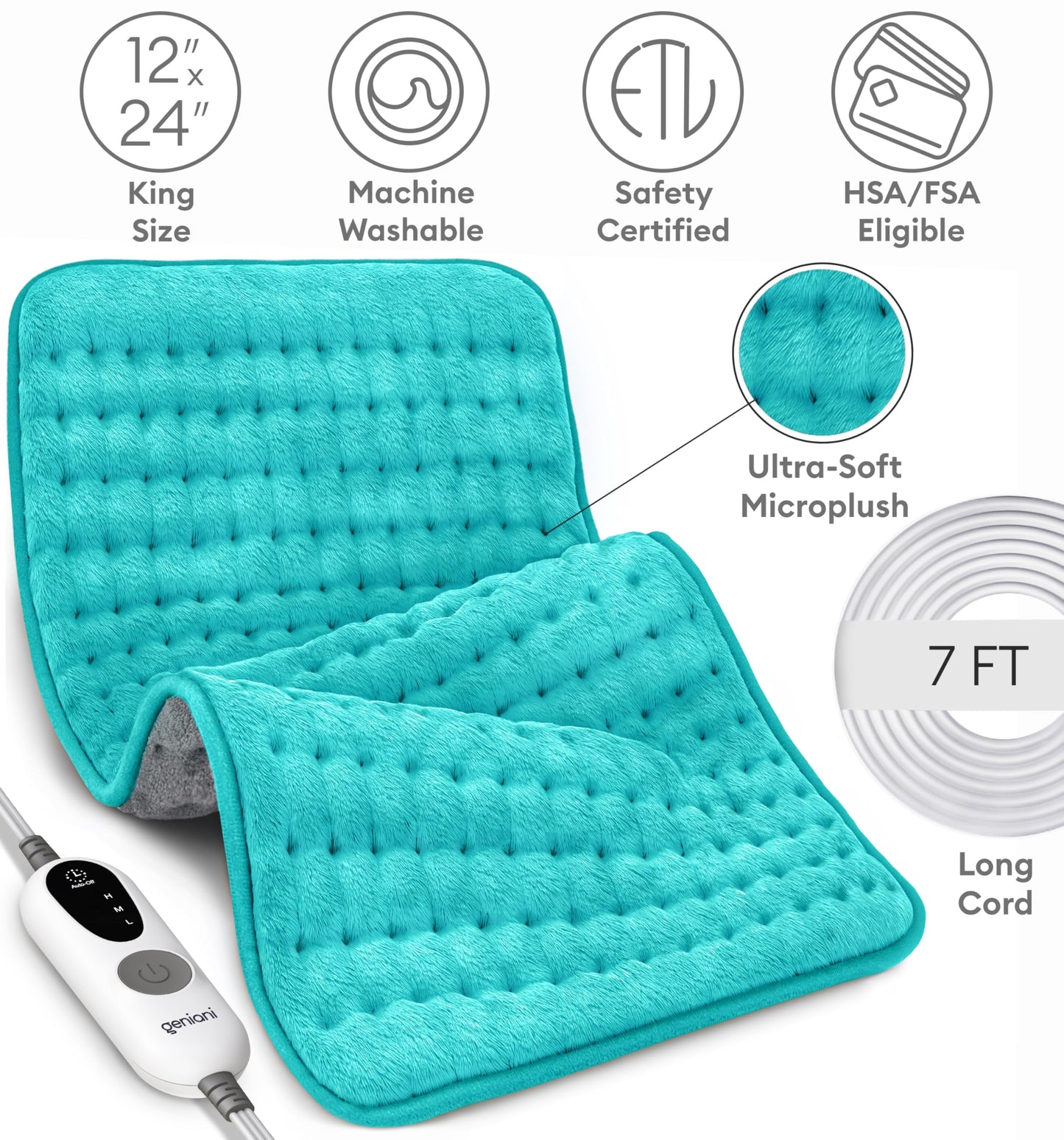 GENIANI Electric Throw - XL Electric Heating Pad for Back Pain & Cramps Relief, Birthday for Women Men Auto Shut Off, Machine Washable, Heat Pad for Neck & Shoulder, 12×24", Tabby Gray