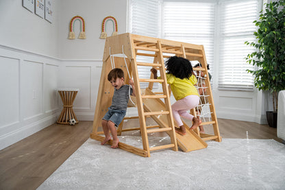 Avenlur Magnolia Indoor Playground 7-in-1 Jungle Gym Playset for Kids 2-6yrs - Slide, Climbing Wall, Rope Wall Climber, Monkey Bars, Swing - Waldorf and Montessori Style Wooden Climb Set.
