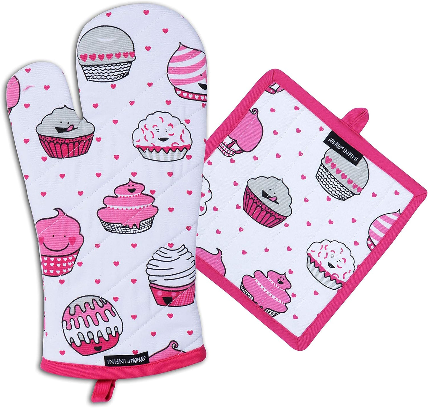 AMOUR INFINI Pot Holders and Oven Mitt Set, Heat Resistant Non Slip Reusable Oven Gloves for Cooking