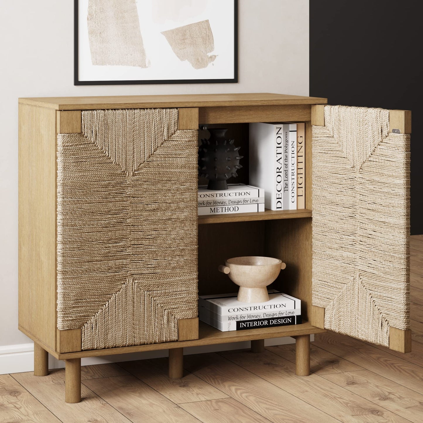 Nathan James Beacon Accent Natural Sideboard Storage Cabinet TV Stand in Light Wood with Adjustable Interior Shelf and Seagrass Doors, for Hallway, Entryway or Dining Room, Light Brown, Set of 2