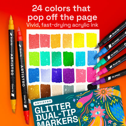 ARTISTRO 24 Sparkly Glitter Dual-Tip Paint Pens – Dazzling Markers with Acrylic Ink for Rock, Ceramic, Wood, Fabric, & More – Brush + Chisel Tips