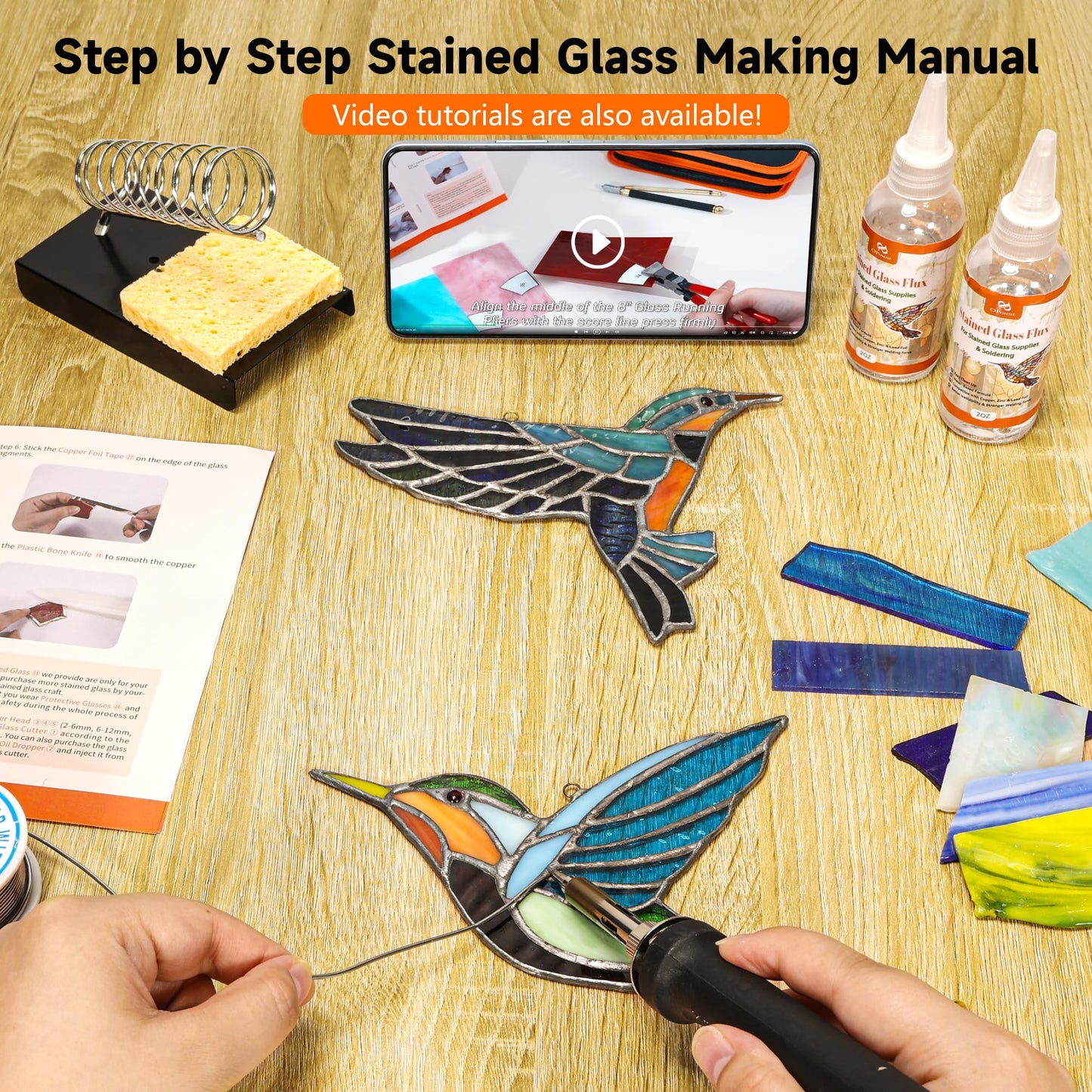 PP OPOUNT Stained Glass Kit for Beginners & Adults, Complete Stained Glass Making Kit with 100W Adjustable Soldering Iron, Glass Cutting Tools, Diamond Cutter Set & Instructions for DIY Glass Crafts