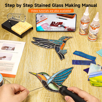 PP OPOUNT Stained Glass Kit for Beginners & Adults, Complete Stained Glass Making Kit with 100W Adjustable Soldering Iron, Glass Cutting Tools, Diamond Cutter Set & Instructions for DIY Glass Crafts