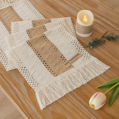 12x108 Inches Keketoarrange Boho Table Runner Cream Beige Brown for Home Decor Farmhouse Macrame Woven Burlap Jute