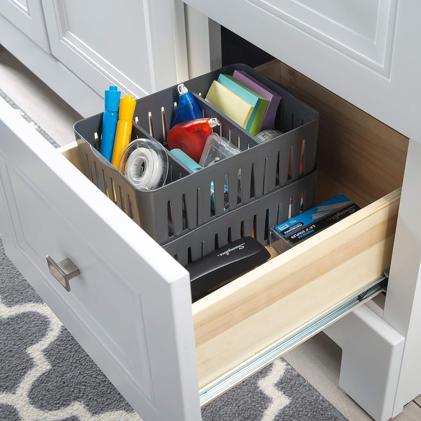 Simplify 3 Compartment Stackable Bin with Adjustable Dividers, Drawer Organizer, Storage Basket for Office, Desk