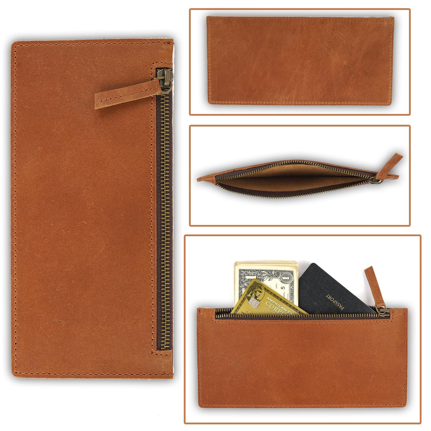 CestAntiQ Tan Leather Multipurpose Zippered Handbag, Currency Pouch, Pen Pencil Holder, Phone Wallet, Card Makeup Bills Organizer & Everyday Accessories, Compact Functional Wallet