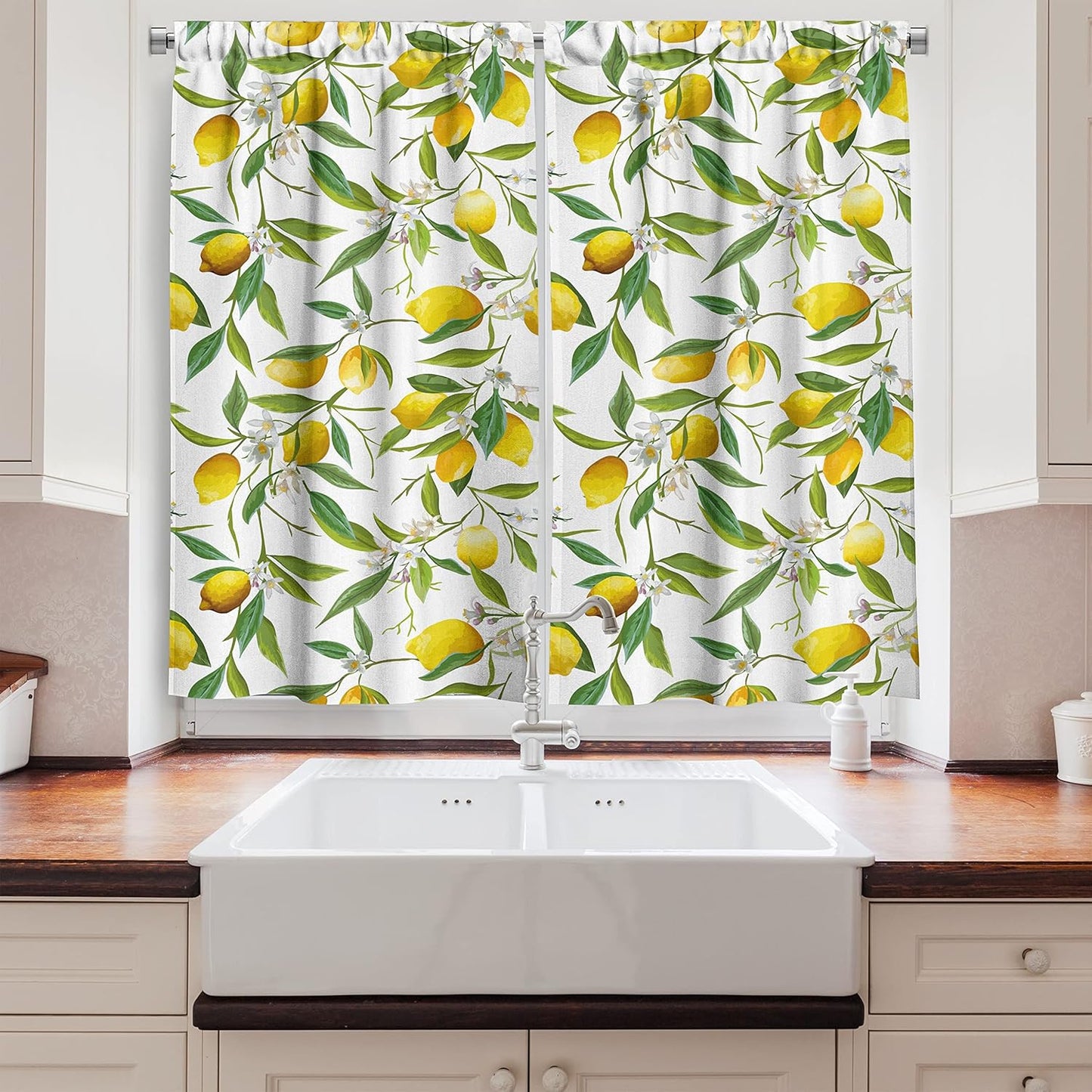 Ambesonne Nature Kitchen Curtains, Flowering Lemon Plant Theme, 2 Panel Set for Kitchen Cafe Decor, 55" x 39", Green