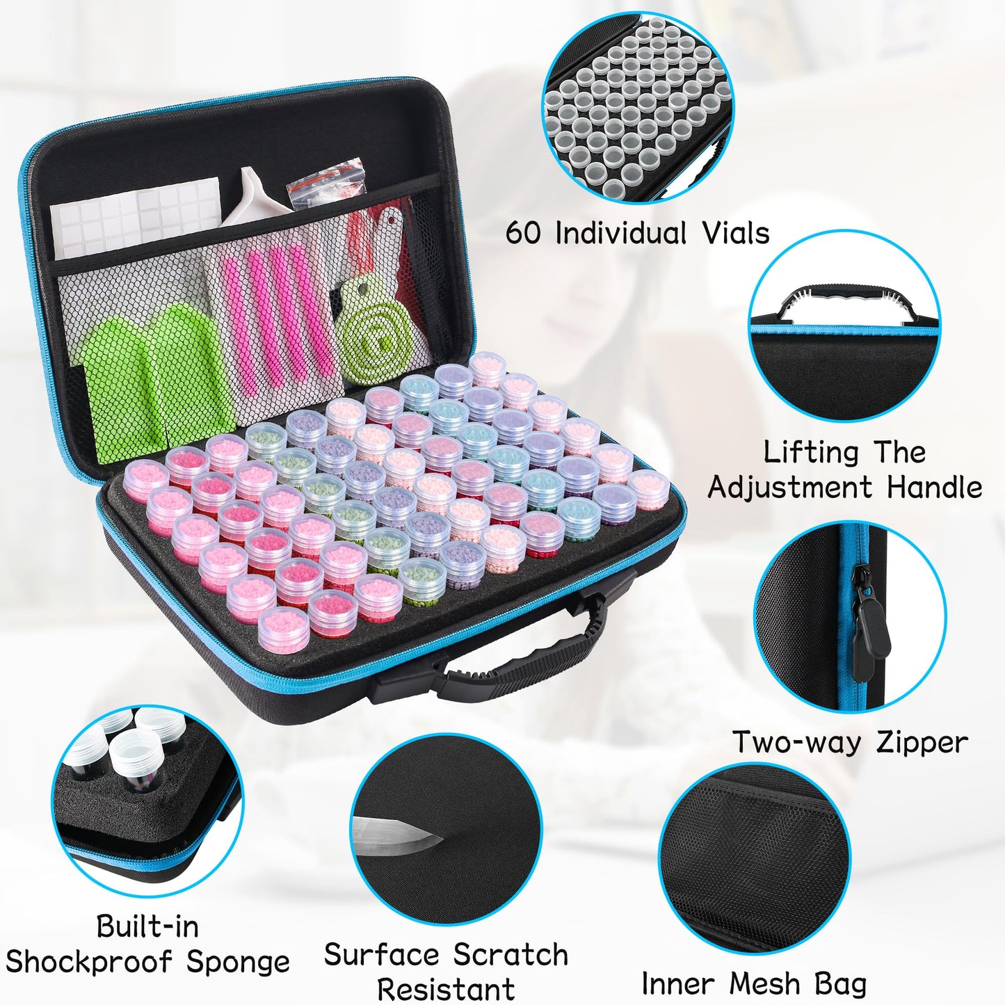 MERATIA 60 Slots Diamond Painting Storage Container, Diamond Art Kits for Adults Stackable Bead Organizer with Carrying Handle, Craft Storage Box with Accessories (Blue-60 Slots)