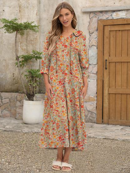 ANRABESS Women's Boho Maxi Dresses 2025 Summer Casual V Neck Puff Sleeve Floral Tiered Flowy Swing Beach Vacation Long Dress