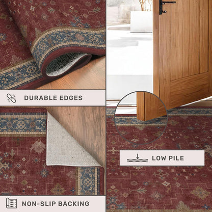 Skiennix Dark Red Hallway Runner Rug - 10ft Washable Non-Slip Indoor Mat | Soft Low Pile Boho Floral Design