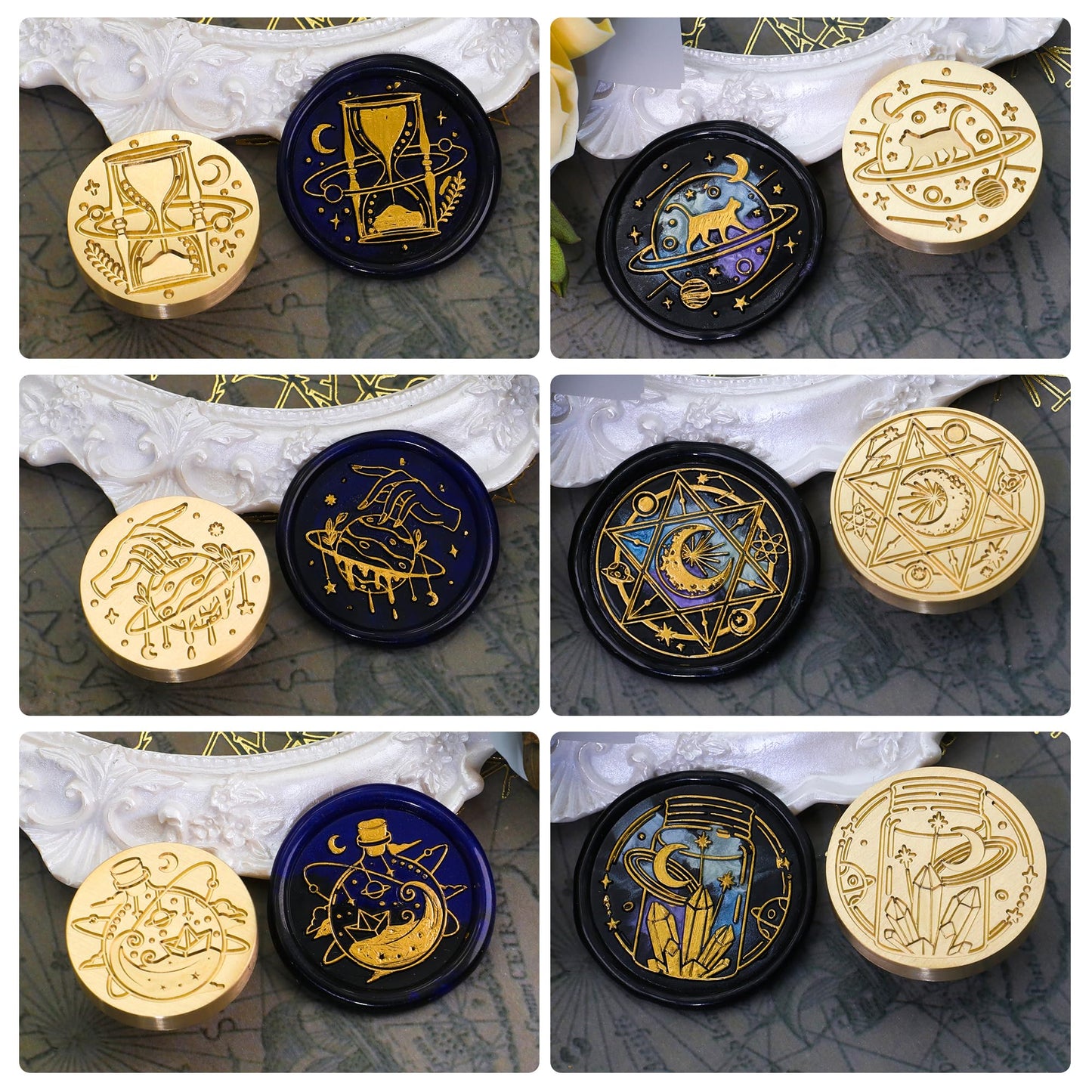 SWANGSA Magic Space Wax Seal Stamp Gift Box Set, Vintage 6 Sealing Stamp Heads + 1 Wooden Hilt, Wax Stamp Kit for Party Invitations, Envelops, Cards and Gift Packaging (Magic Space)