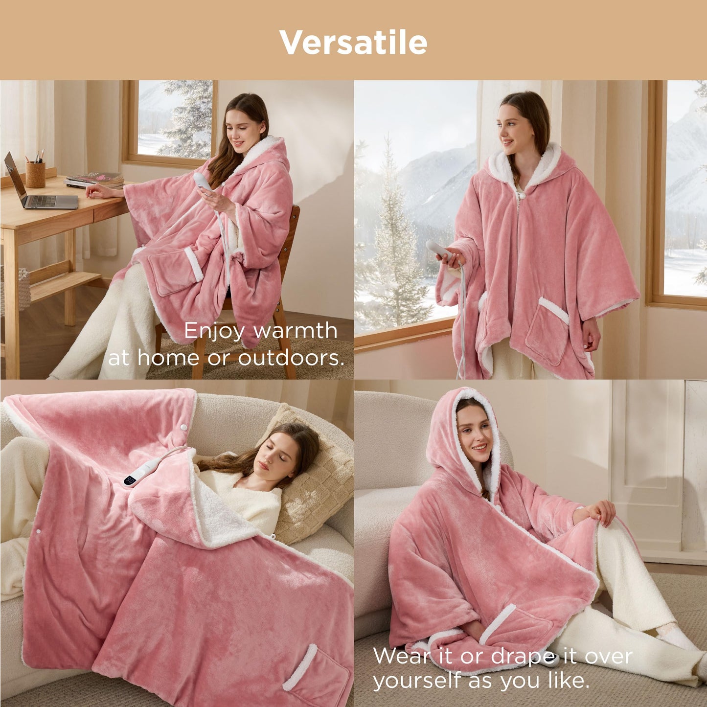 Bedsure Heated Blanket Wearable Shawl - Electric Wrap Poncho Blanket Hoodie for Adult, Birthday Gifts for Mom Women, Sherpa Heating Throw with 4 Time Settings & 6 Heat Settings, 55x64 inches, Grey