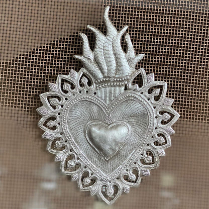 Sacred Heart Flaming Heart Religious Folk Art - Spiritual Home Decor, Haitian Metal Wall Art, 7.25 X 10.25 Inches